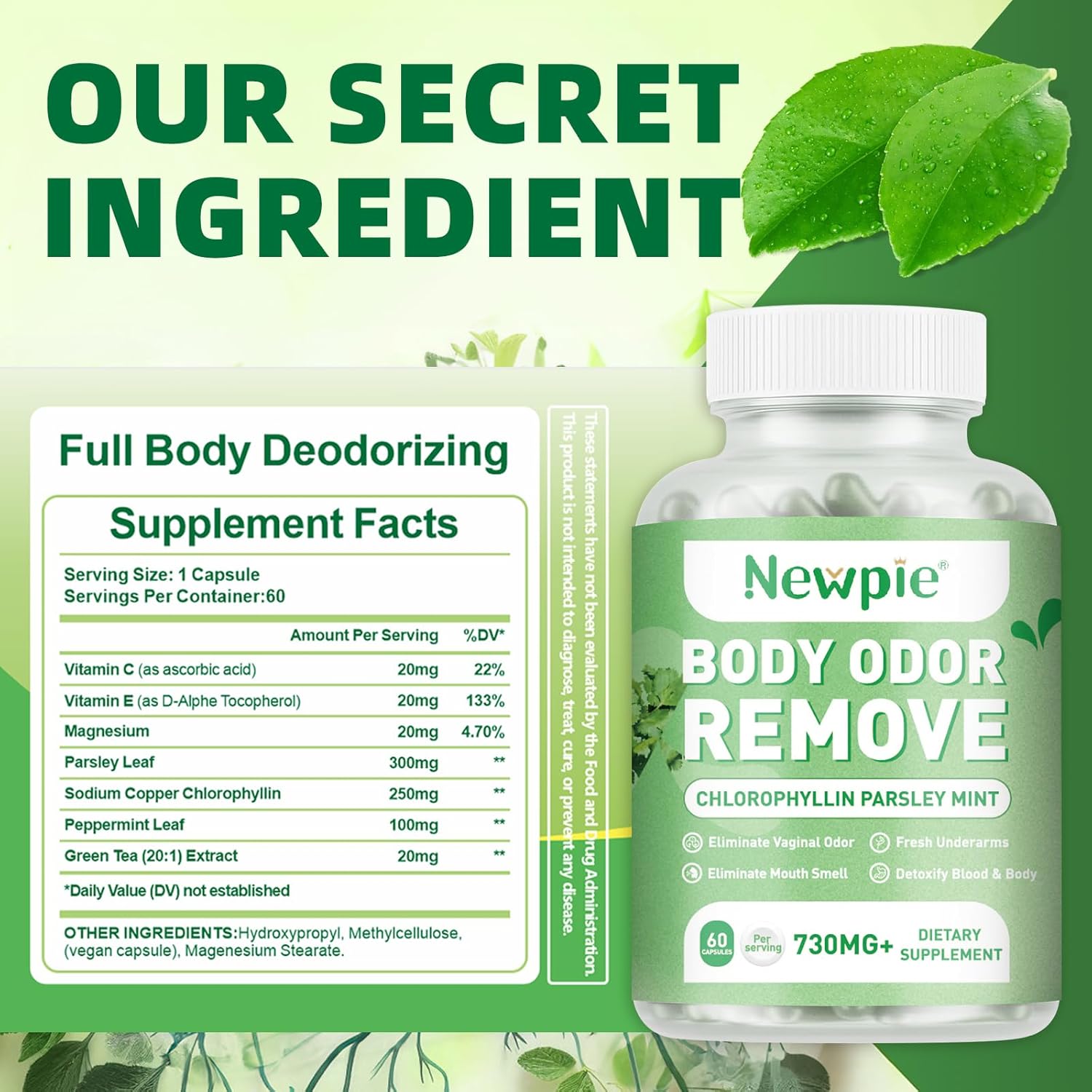 Chlorophyll Body Deodorizing Supplement Internal Odor Control Pills for Men & Women, Chlorophyll Capsules for Detox Skin, Breath, and Gut Health with Chlorophylls Complex Vitamins (2)