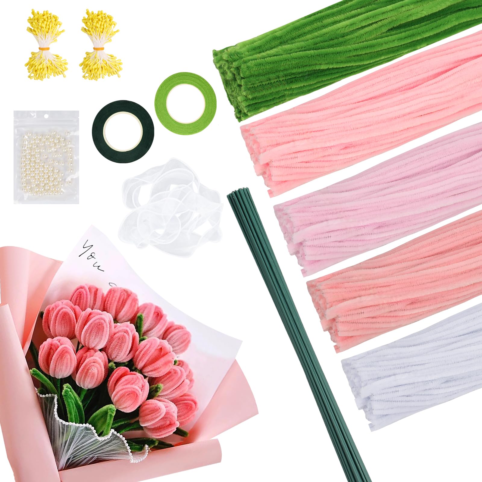 500pcs Pipe Cleaners for Craft Flowers, 30cm Chenille Stems Pipecleaners Kit for Tulip Bouquet, Flexible Pipe Cleaners with Flower Stems, Stamens for Creative Handmade DIY Decorations (Pink)