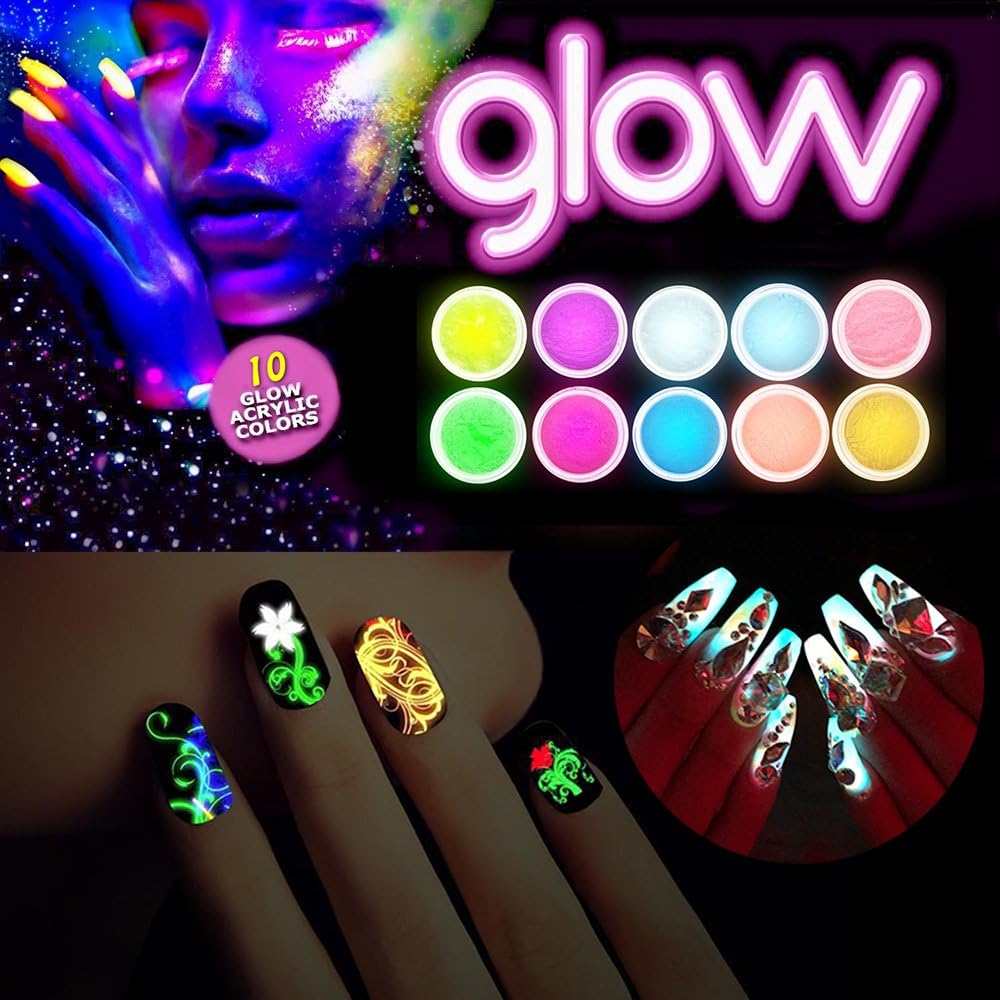 10Jars Luminous Nail Powder Glam and Glits Acrylic Glow in The Dark Fluorescent Acrylic Powder Pre Mix Nail Extension Nail Tips