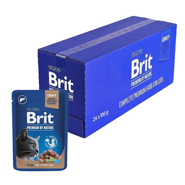 Brit Bolsas de Comida húmeda para Gatos esterilizados, Sabor hígado en Salsa, sin azúcar añadido, 24 x 100 g