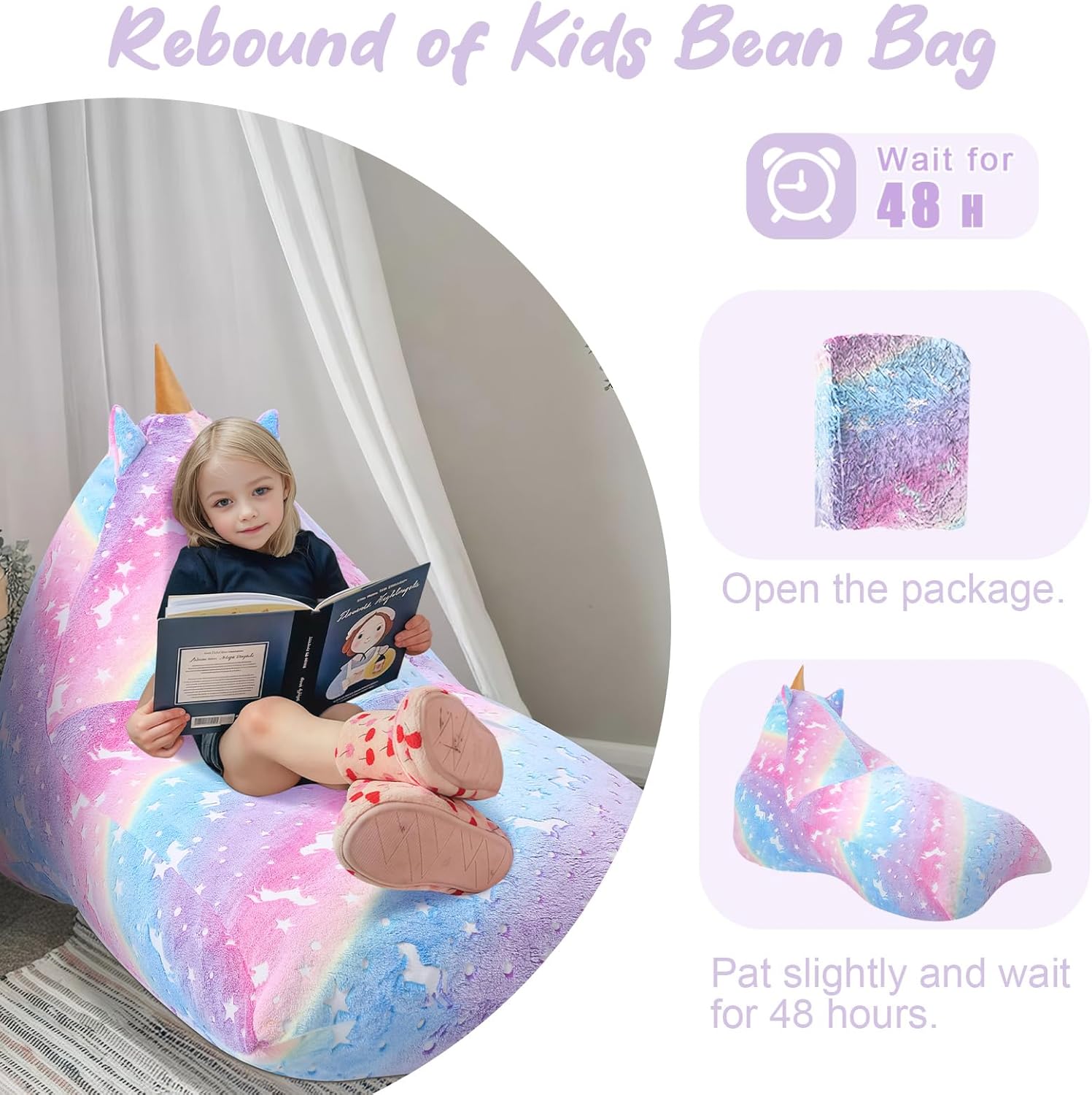 COMAX Unicorn Bean Bag Chairs for Kids 8-12, Large Kid Beanbag Chair with Filler, Big Toddler Lounge Bean Chair, Children Lazy Floor Lounger for Girls Boys, Glowing Rainbow