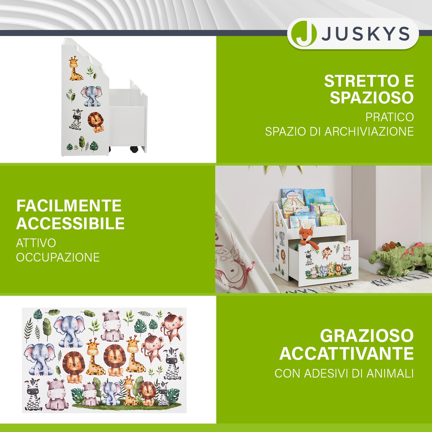 Juskys Libreria bambini con 3 scomparti e portagiochi - Scaffale legno bianco - 63x30x70 cm LPA - Organizzazione di libri e giocattoli in cameretta