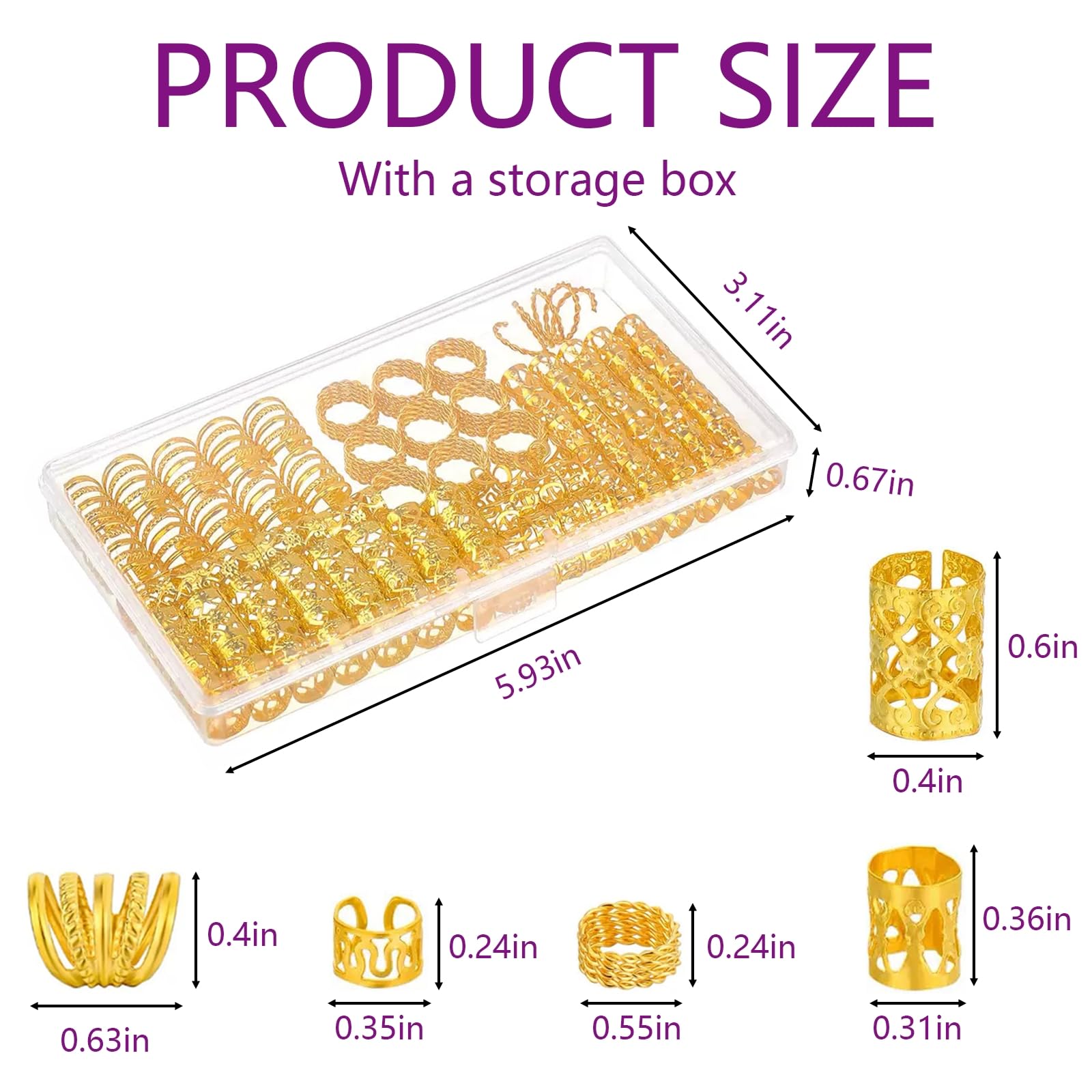 110 piezas de joyas doradas para el cabello para trenzas y rastas, anillos de metal, puños, clips, accesorios decorativos - amarillo dorado 3