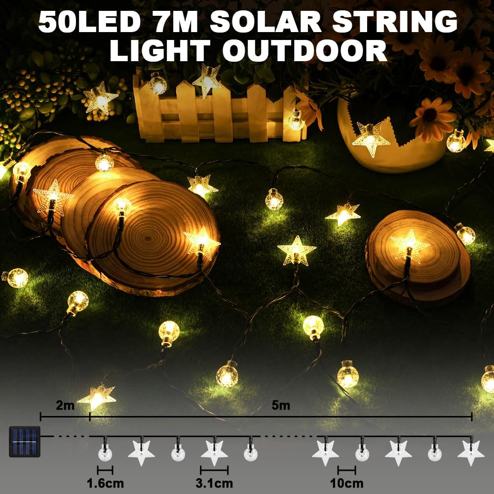 vsshe Solar Garden Lights Outdoor, 7m/23FT 50 LED, IP65 Waterproof, Globe String Light, Stars Fairy Lights, 8 Lighting Modes - Image 2