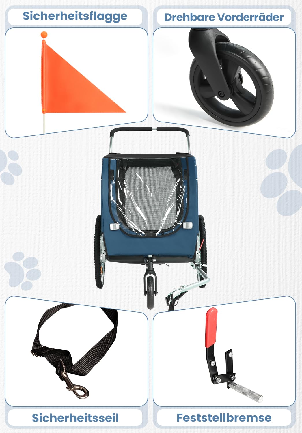 Hunde Fahrradanhänger XL, 2 in 1 Hundeanhänger & Jogger mit Reflektor und Bremse, 600D Oxford Canvas, maximale Belastung 40kg-Blau