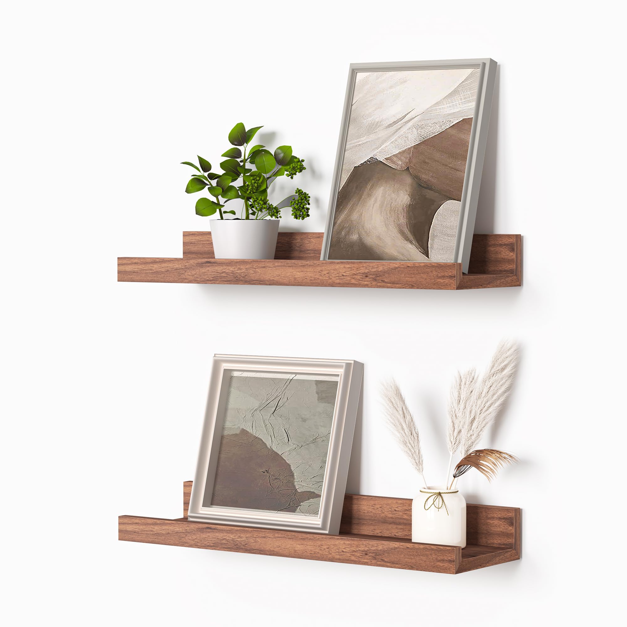 Picture Ledge Shelf, Floating Shelves Set of 2, 16 Inches Picture Shelf for Wall with Ledge, Kids Bookshelf Wall Mounted for Living Room Bedroom Decor Books Photo Frames - Walnut