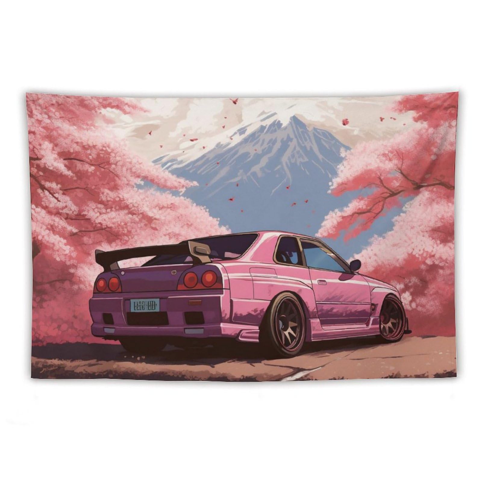 FeoYoed Car Tapestry Wall Hanging Decor, Wall Art for Bedroom Living Room Dorm Japan Jdm Car R34 Pink Cherry Blossoms Tree Tapestries Mount Fuji 40"
