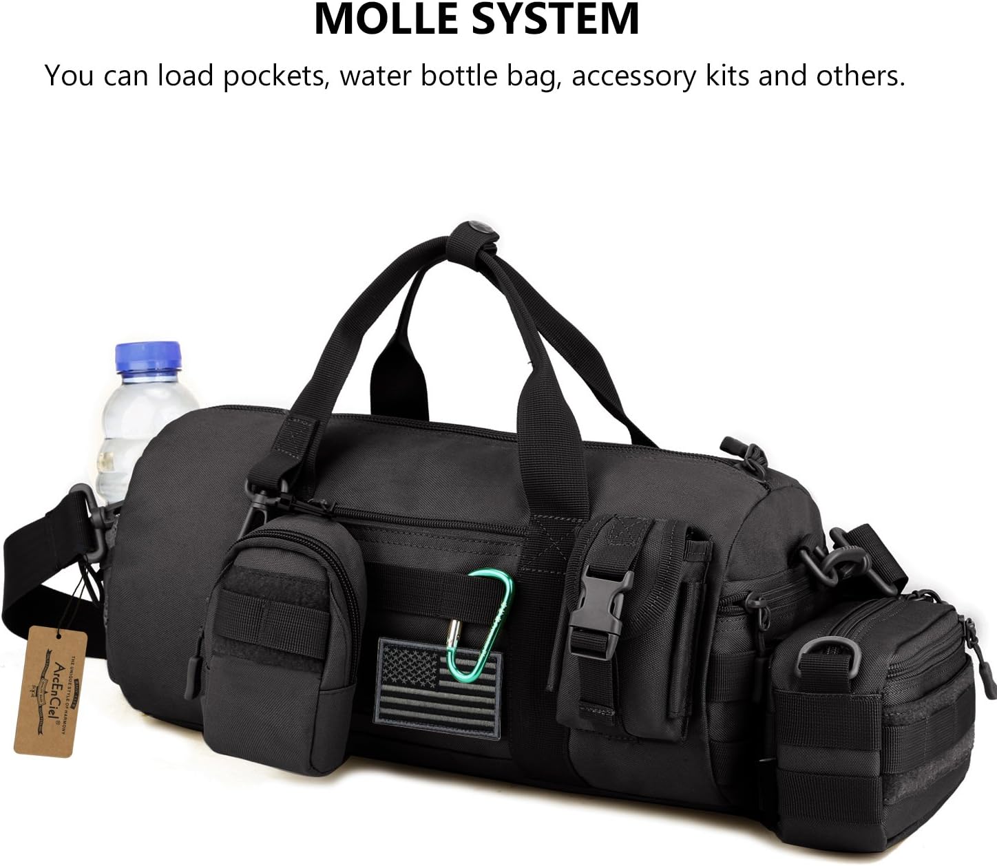 ArcEnCiel Small Tactical Duffle Bag Men Gym Pack Military Molle Shoulder Bags Shoes Storage Sports Handbag with Patch (Black) - Image 8