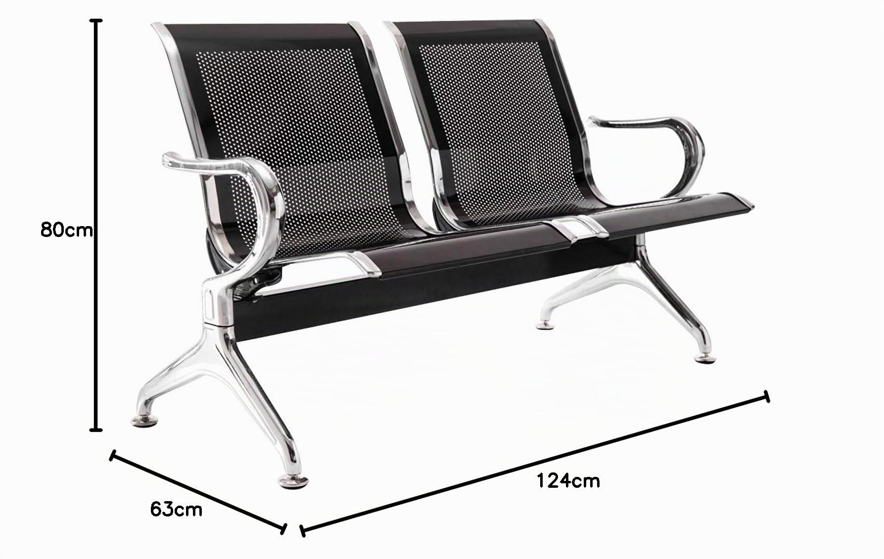 CLP Banc d'attente Airport, Banquette avec Structure métallique Aspect Chrome, sièges d'attente Robustes avec Dossier et accoudoirs, Couleur:Noir, Taille:2 Places