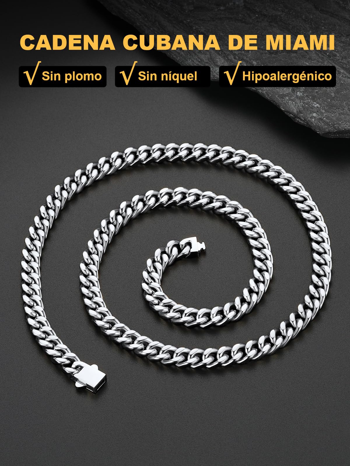 U7 Collar de Cadena Cubana Hombre Acero Inoxidable 316L Cadena Plateada/Dorada/Negra 5/7/9/12mm Ancho 46/51/56/61/66/71/76cm Largo Regalos Originales para Hombre Chico con Caja de Regalo