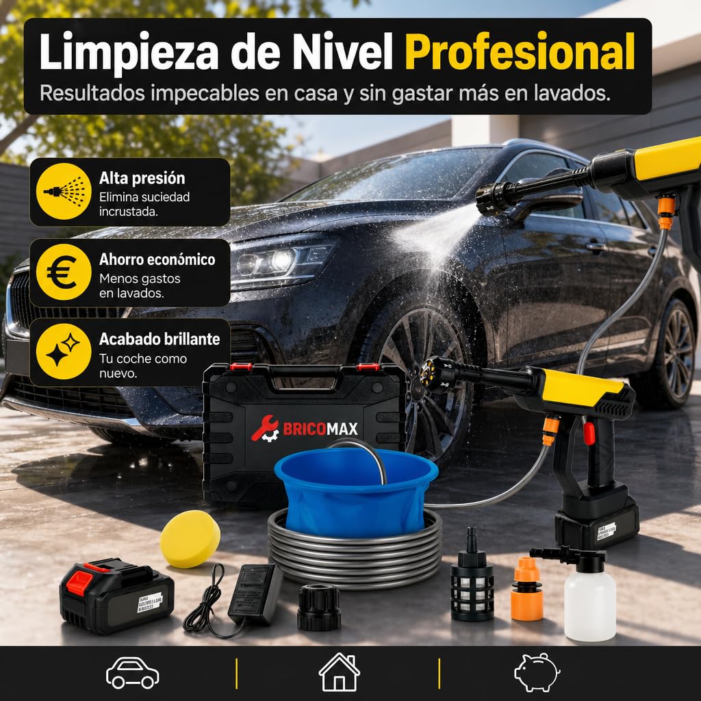 Hidrolimpiadora Batería Premium para Limpieza Alta PRESIÓN sin Cables 48V y Esponja - Pistola de Agua a Presión con Cubo Portátil - Hidrolavadora Portátil para el Coche, Jardín y Exteriores