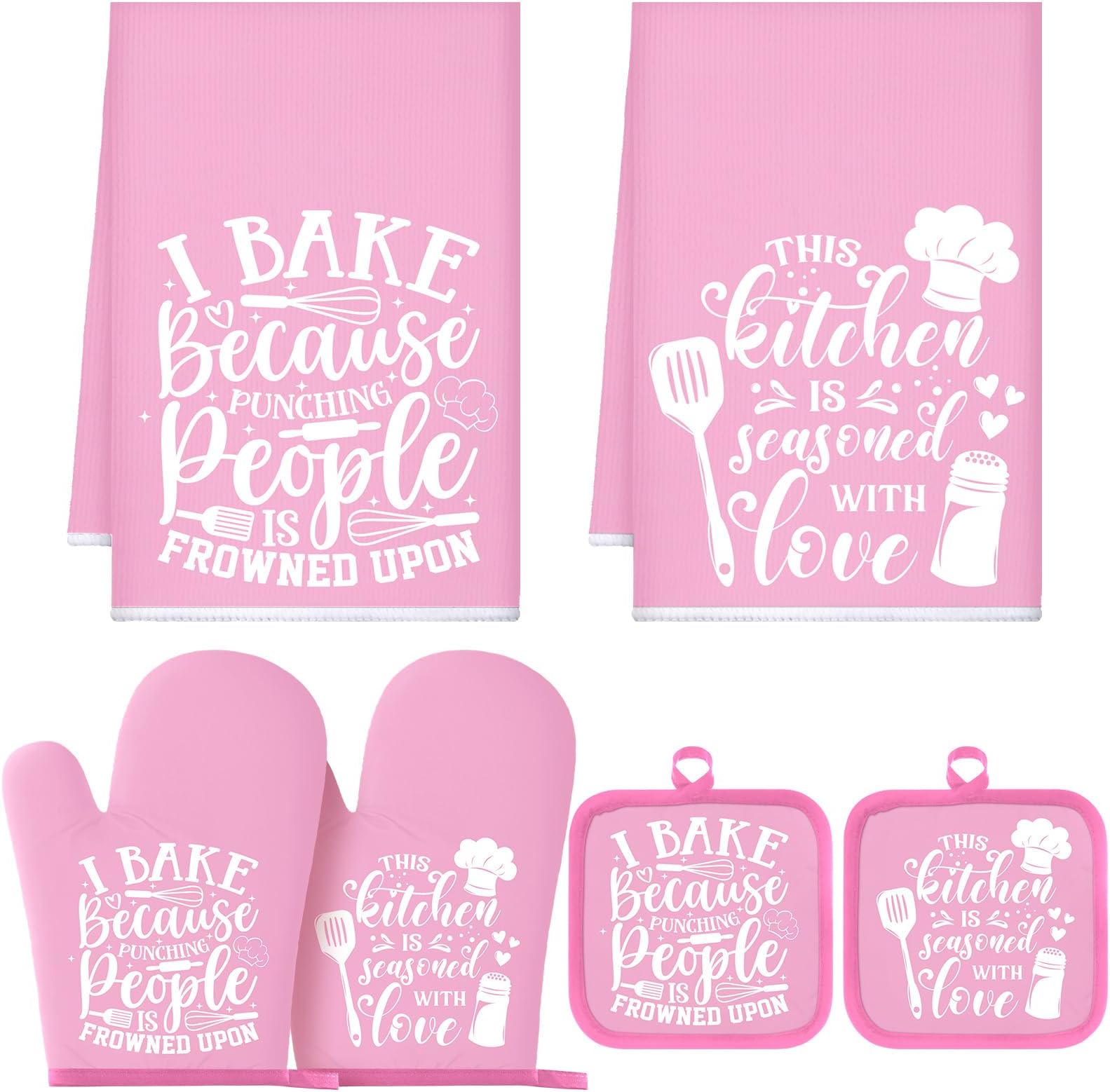 6 Pcs Kitchen Decor Accessories Set Farmhouse Towels Pot Holders Oven Mitts Set 2 Dish Towels 2 Potholders 2 Cooking Mittens Oven Glove for Baking Cooking(Light Pink,Kitchen)