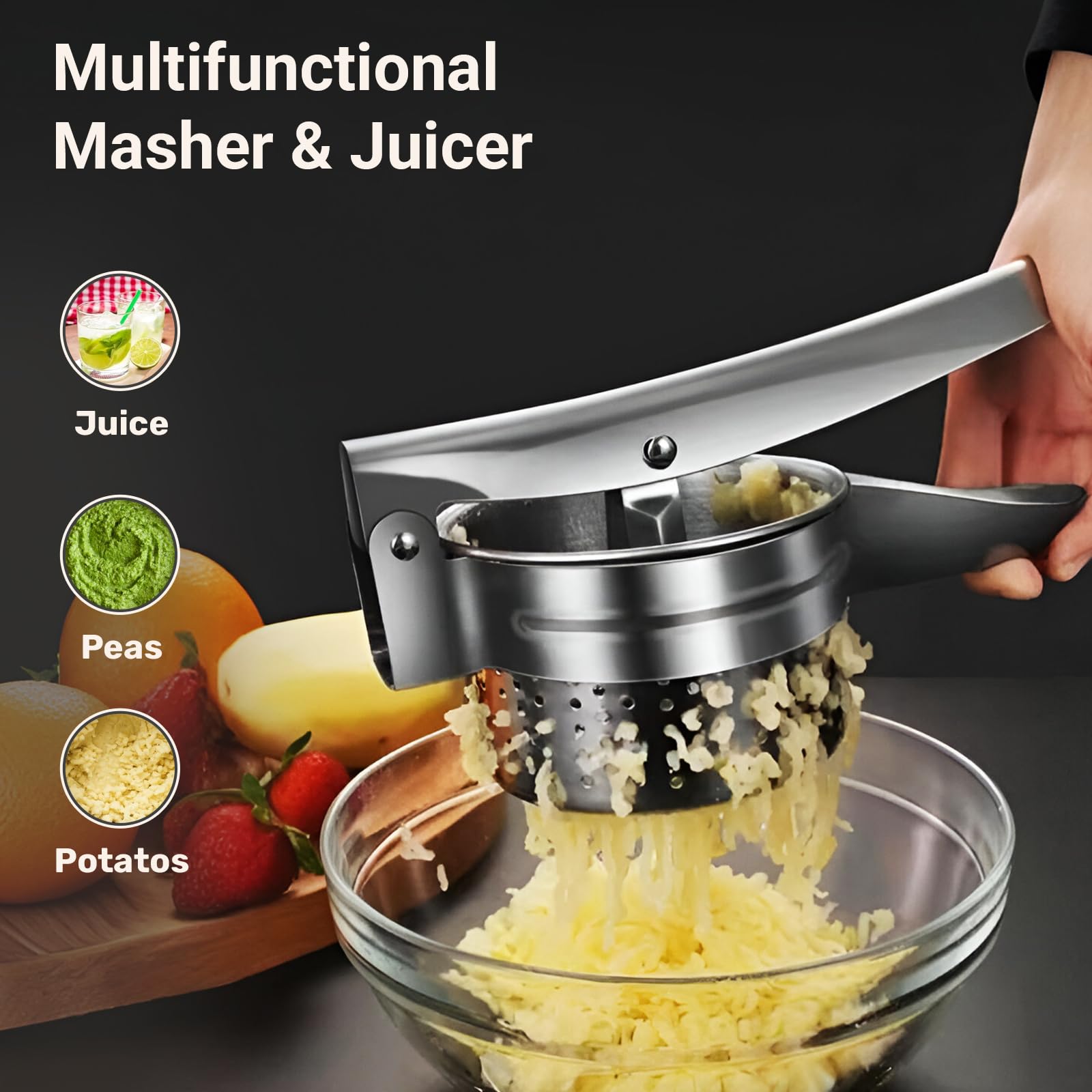 AEX Kartoffelpresse aus robustem Edelstahl, Kartoffelpüree-Stampfer, Zitronenpresse, Küche, Kochen, Stampfer für flauschige Kartoffelpüree, spülmaschinenfest, Silber