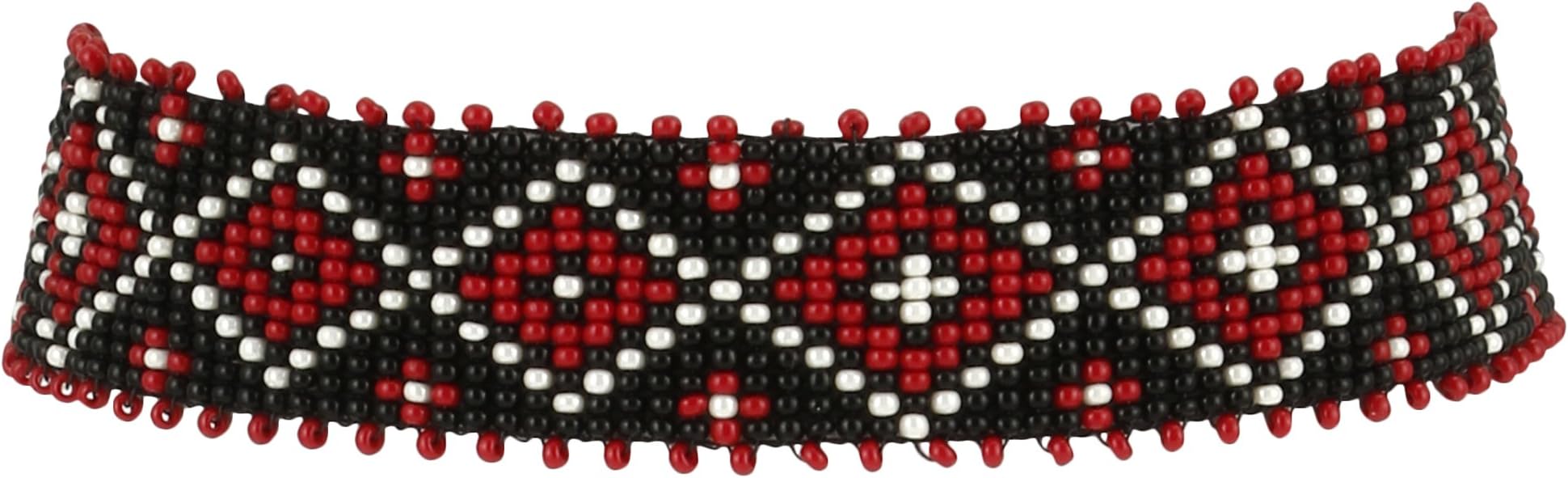 Preciosa Jablonex Seed Bead Native American Inspired Style Seed Beaded Choker Red, Black And Off White Patterned Handmade Personalized Delicate Costume Fashion Unique Necklace for Women.