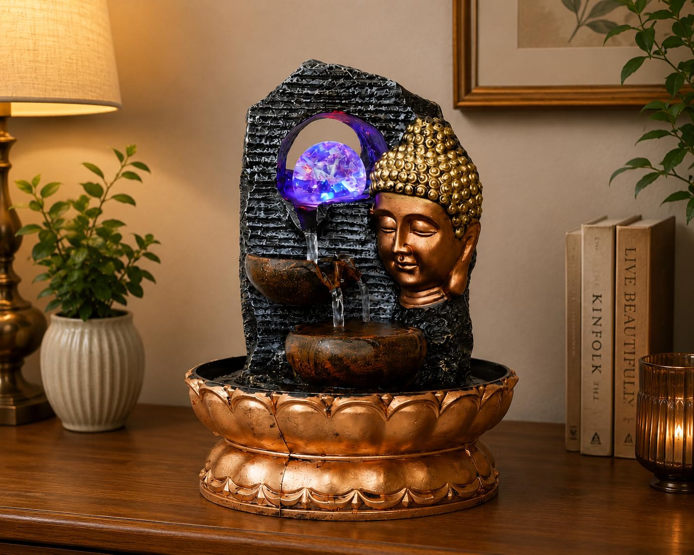 CHRONIKLE Golden Brown Polyresin Tabletop Side Face Buddha 2 Step Indoor Water Fountain for Home Decor with LED, Speed ​​Control Pump and Crystal Ball (Size: 20 x 20 x 29 CM | Weight: 1120 Gram)-image-24