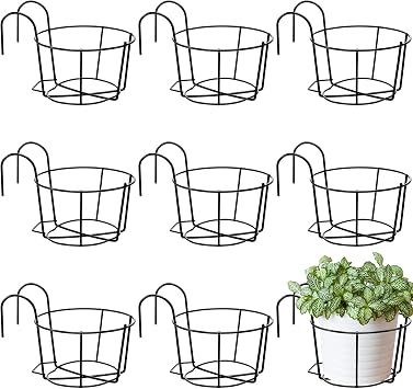 Wesiti 10 Pcs Round Hanging Railing Planters Outdoor Balcony Planters Metal Hanging Baskets Flower Pot Holder for Fence Indoor Porch Shelf Container8 Inch,Black