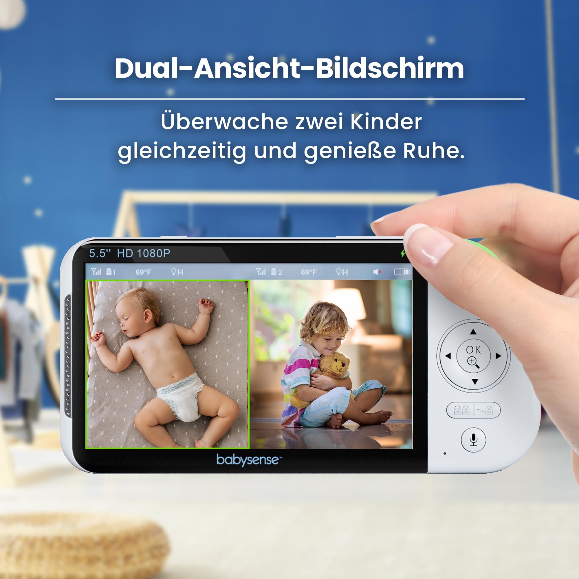 Babysense Full HD Split-Screen-Babyphone mit 2 Kameras, Nachtlicht in 6 Farben, Geräusch- & Lichtmaschine, 20-Stunden-Akku, abhörsichere Verbindung ohne WLAN