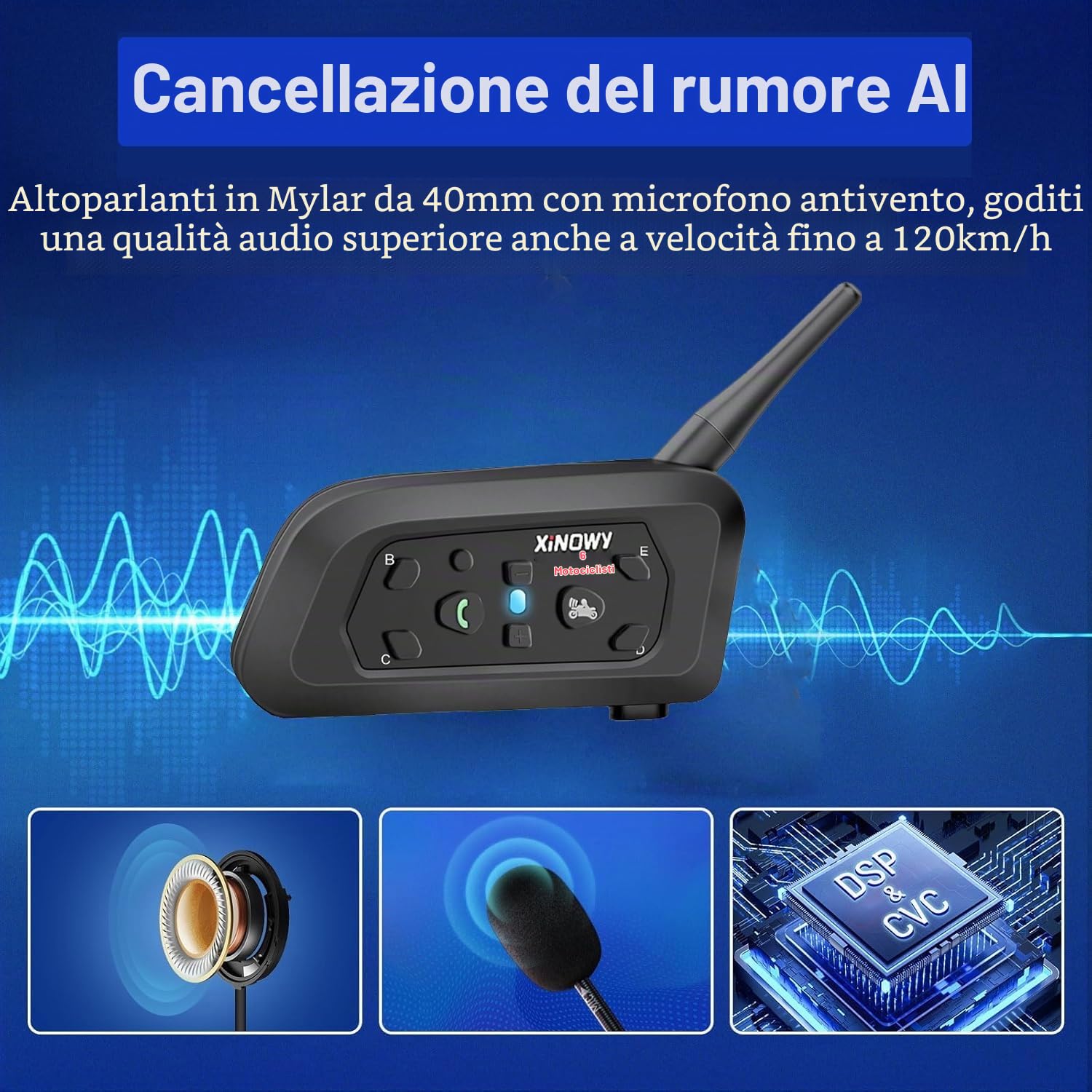 V6 PRO Interfono Moto, Kit Interfono per 2 Casco Auricolari con Cancellazione del Rumore, Distanza 1Km, Sistema di Comunicazione Moto Universale IP67 Impermeabile (Nero-Due)
