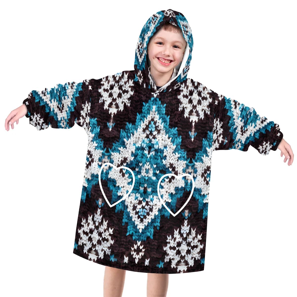 Wearable Blanket Hoodie for Kids, Blue Geometry Aztec Fleece Sweatshirt Blanket Oversized Blanket Sweatshirt with Pocket Flannel Warm Hooded Blanket 6-10 Year Old Girl Boy Gift, One Size