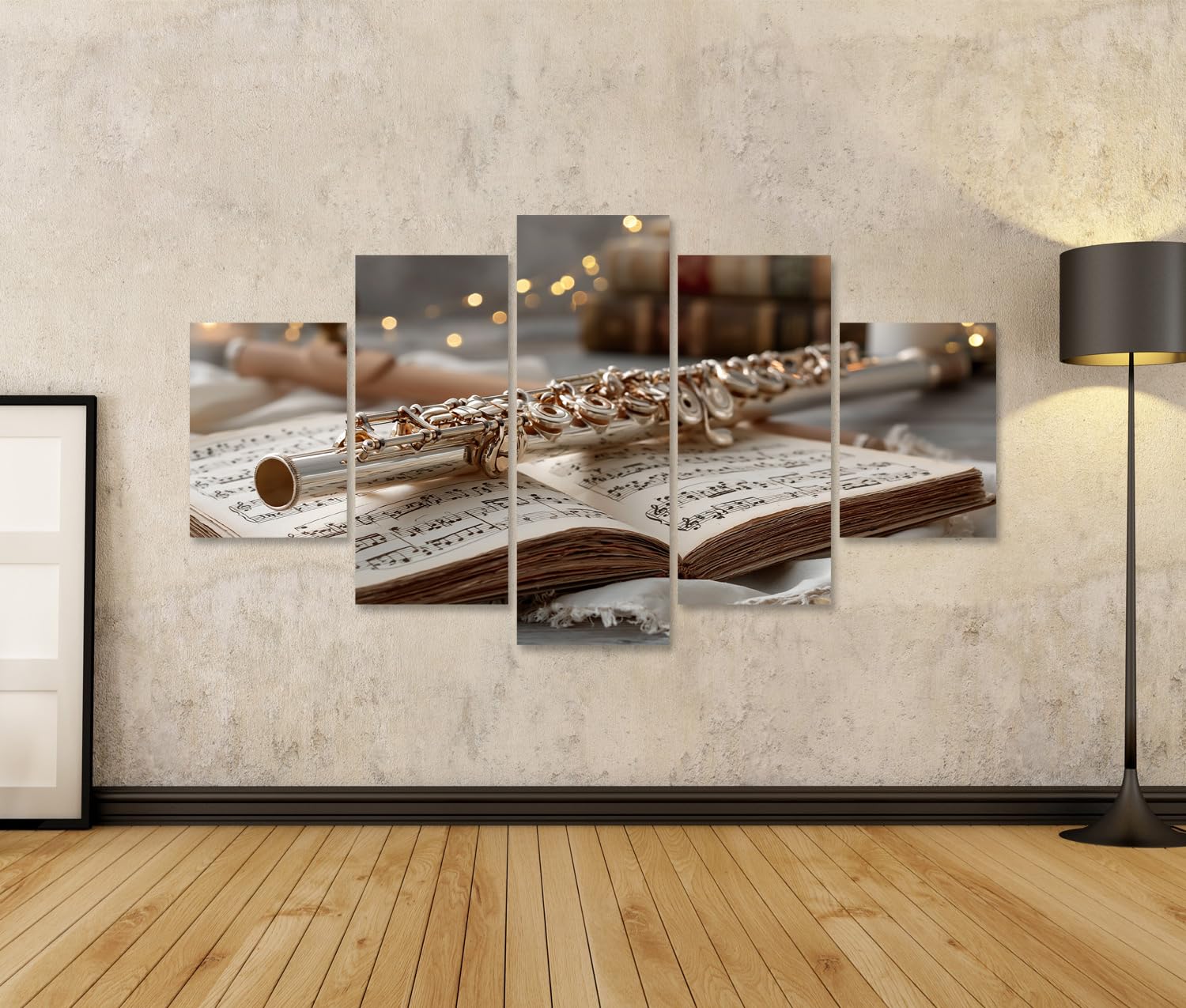 islandburner Cuadro sobre lienzo, diseño de flauta sobre partitura, impresión artística para amantes de la música en el salón, 5 piezas