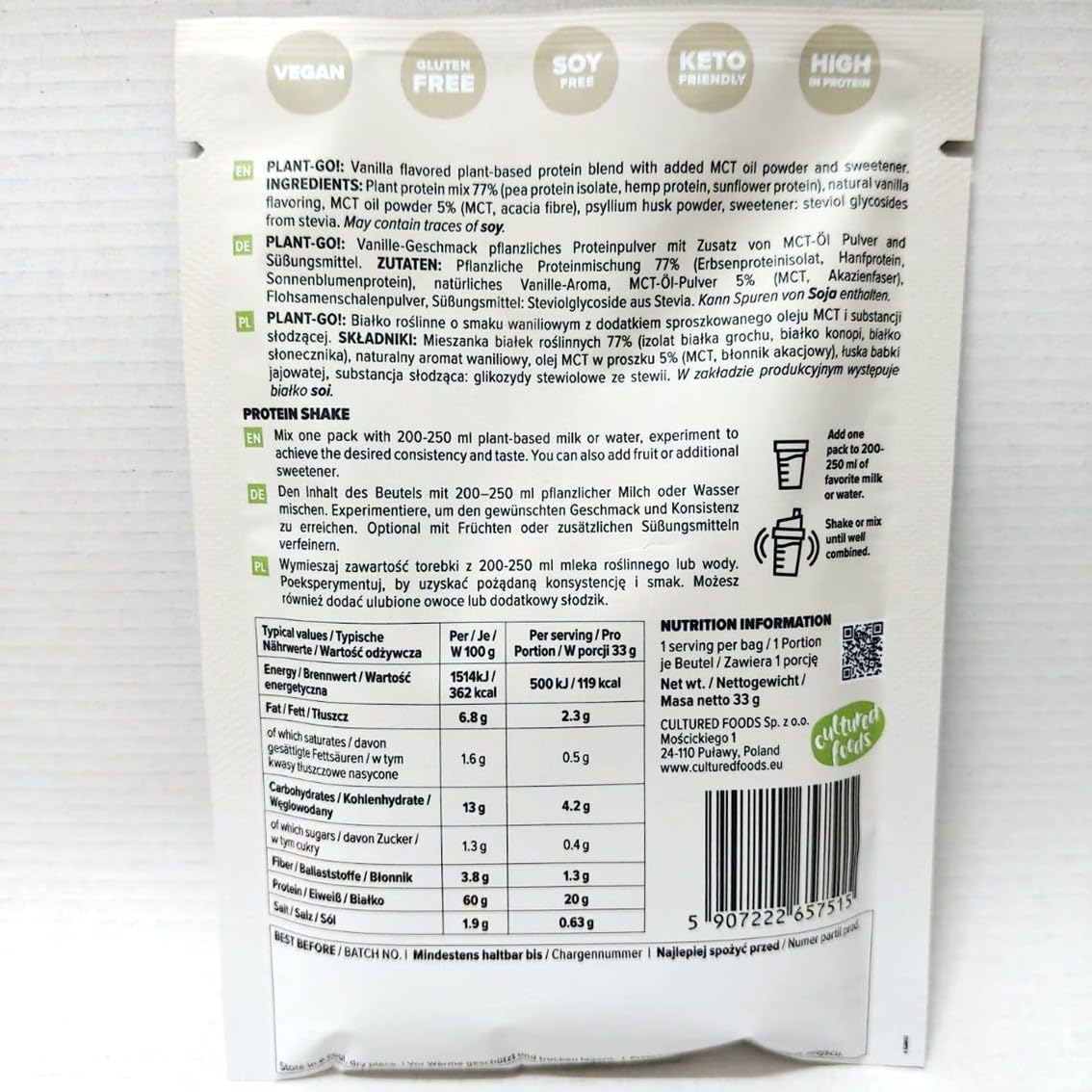 Proteinpulver Vegan - 3 Komponenten Erbsen- Sonnenblumen- und Hanfprotein - mit MCT Öl und Stevia - Muskelaufbau und Regeneration - 20 Portionen - PLANT-GO! Va­nil­le