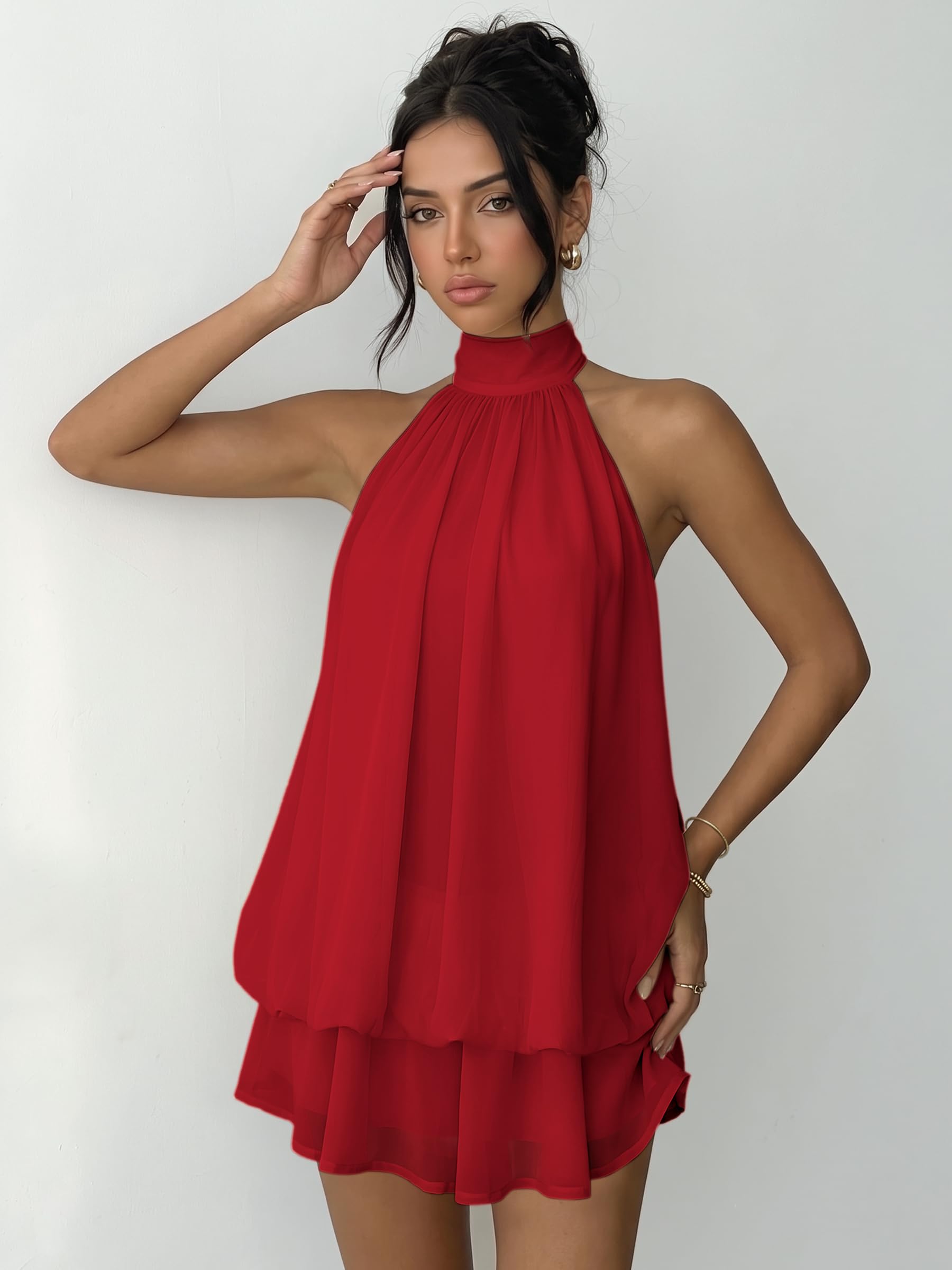 Vestido Mujer Sexy Sin Mangas Mini Vestidos Halter Elegantes Verano Vestido Espalda Descubierta con Volantes Ligero Fluido Vestidos Holgado de Gasa Casual Dress para Fiesta Playa Cocktail