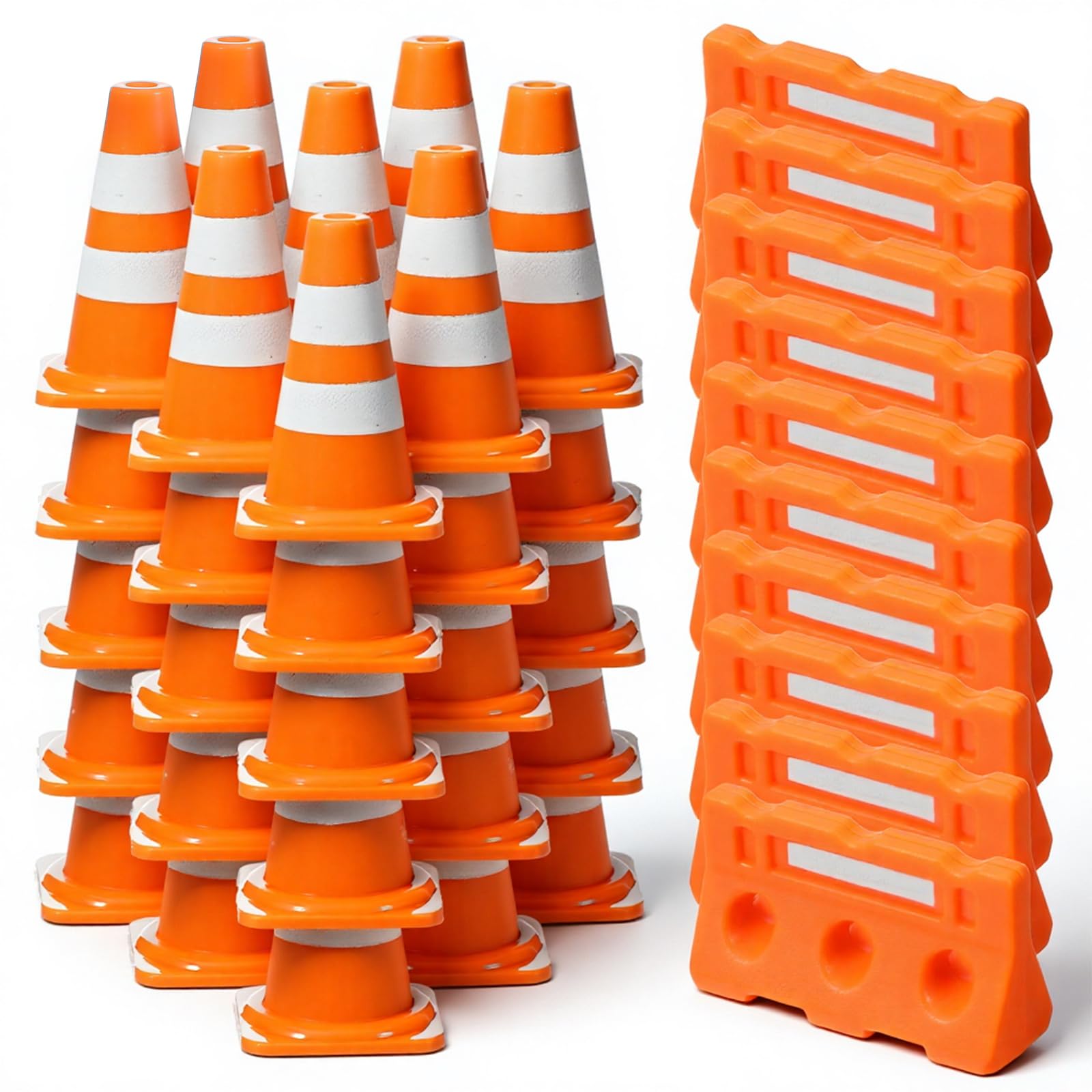 PEOVLVN 50 Pcs Mini Construction Toys, Mini Traffic Cones with Miniature Fence Barricade Signs 1 Inch Small Orange Cones for Sports Training Micro Landscape Sand Table