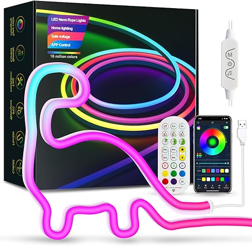 Luces de cuerda de neón, luces de neón de 16.4 pies, tiras de luces LED RGBICW, tiras de luces de neón personalizadas para dormitorio y pared IP67