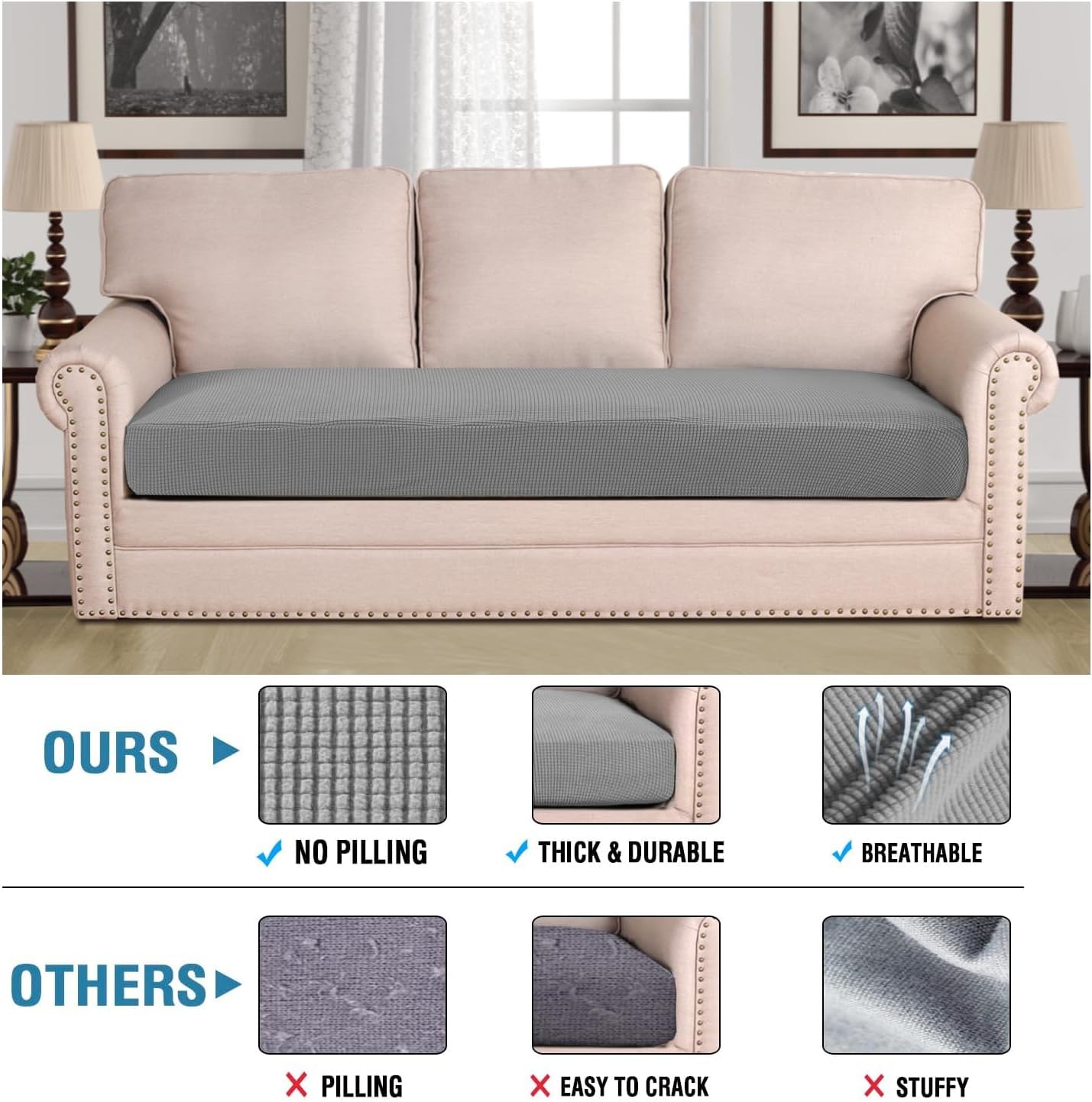 H.VERSAILTEX Super Stretch Individual Seat Cushion Covers Sofa Covers Couch Cushion Covers Slipcover Sets Thick Jacquard Textured Twill Fabric (1 Piece Sofa Cushion Cover, Dove) Dove 1 Cushion Sofa