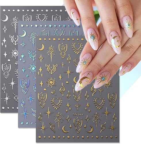 Miniatura 2 de 8 hojas de calcomanías de arte de uñas de luna y estrella 3D, autoadhesivas, metálicas, holográficas, láser, brillantina, diseño de uñas, estrellas,