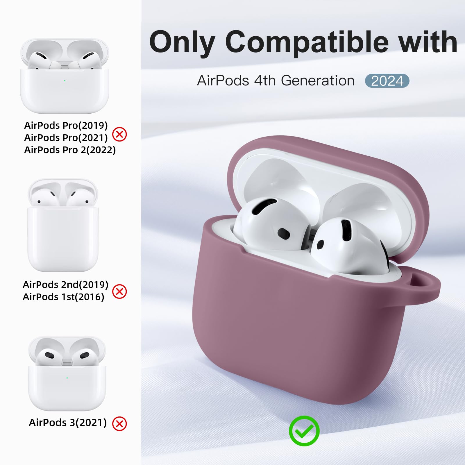 Ouwegaga Cover per Airpods 4 2024, Silicone Custodia per Airpods 4 Generazione, Protezione Completa del Corpo Cover Compatìbile con Apple Airpods 4 Case, con Moschettone, Fumo Viola