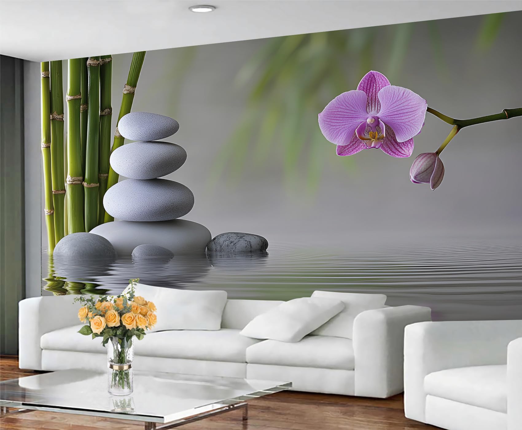 GIVLWF Zen Orchid Stones Wallpaper - Misty Bamboo Print Mural Wallpaper - Neutral Bedroom Wall Paper for Living Room Non Self Adhesive Relaxing Meditation Wall Murals & Home Decor