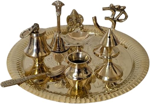 Brass Pooja Set 9 Items with Thali, Ganesh Murti, Om Symbol, Diya, Pooja Bell, Loti, Kunjo, Spoon & Incense Stand for Navratri, Diwali & Daily Puja Rituals
