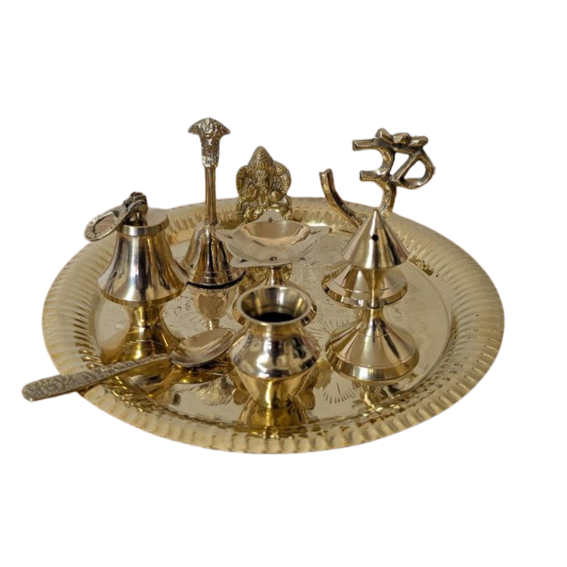 C&S Homestore Brass Pooja Set 9 Items With Thali, Ganesh Murti, Om Symbol, Diya, Pooja Bell, Loti, Kunjo, Spoon & Incense Stand For Navratri, Diwali & Daily Puja Rituals