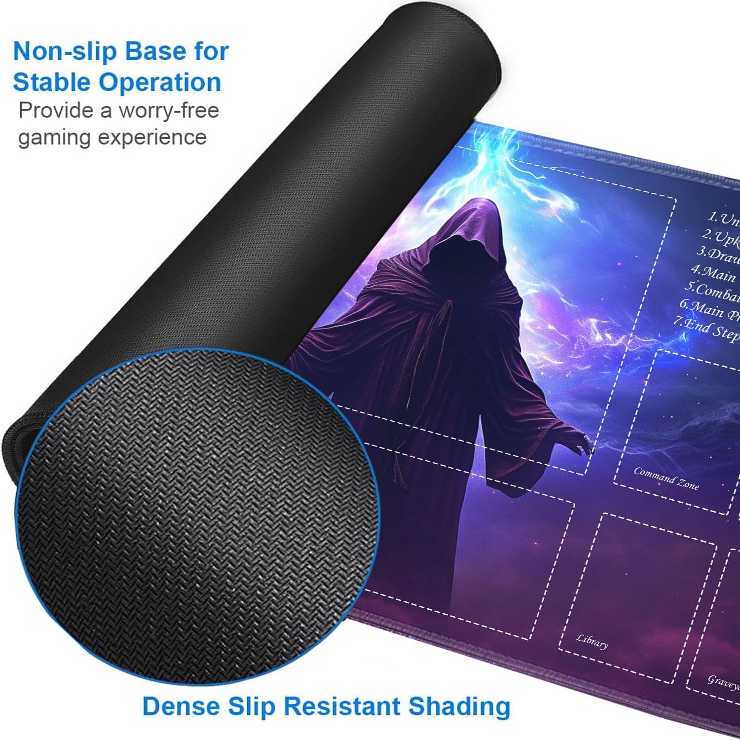 JVGFYNKL for TCG Playmat, Playmat with Zones, 24x14 in Non-Slip Rubber for MTG Playmat with Drawstring Travel Pouch and 6 Dice, Mysterious Magician for MTG Mat, Card Game Playmats image 5