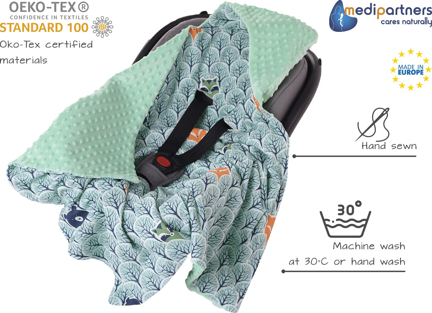 Medi Partners Swaddling Blanket 100% Cotton 85x85cm Double-Sided Multifunctional Plush Blanket With a hood for Pushchairs Soft Fluffy (Forest with mint Minky) - Image 2