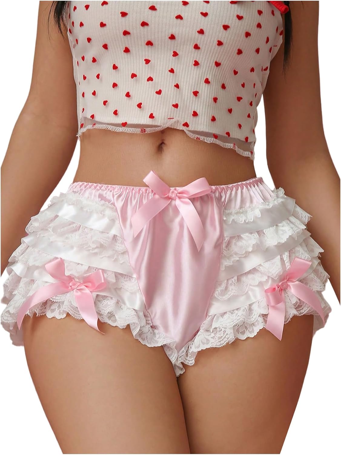 Women's Ruffle Lace Trim Underwear Satin Cute Bow Mid Rise Comfy Bikini Panty