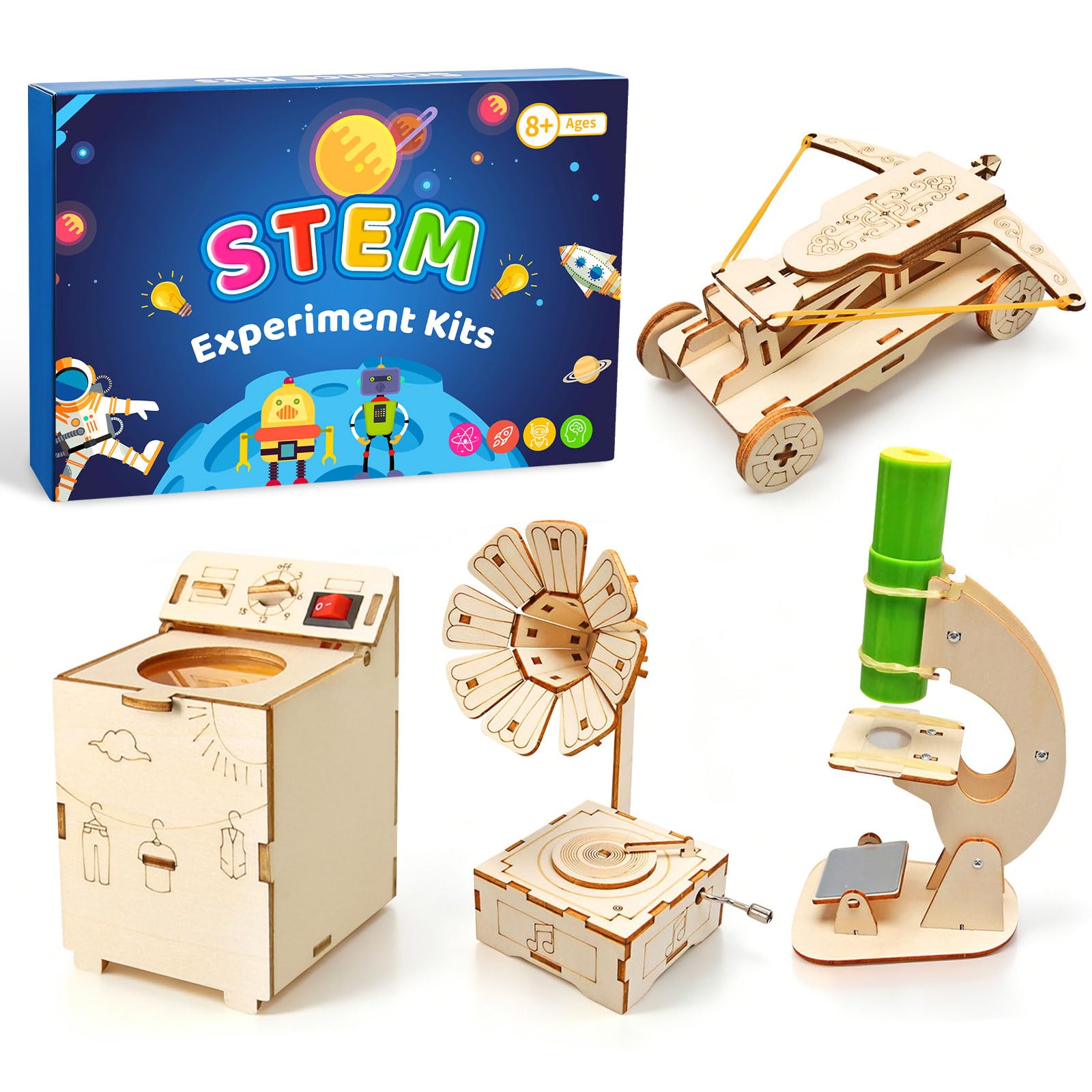 JTgugu 4 Pieces Science Experiments for Kids Ages 8 9 10 11 12, DIY Electronics Kit STEM Toy, Wooden Science Building Kit Set 3D Puzzle Construction Experiment Kit, Gift for Boys Ages 8–14