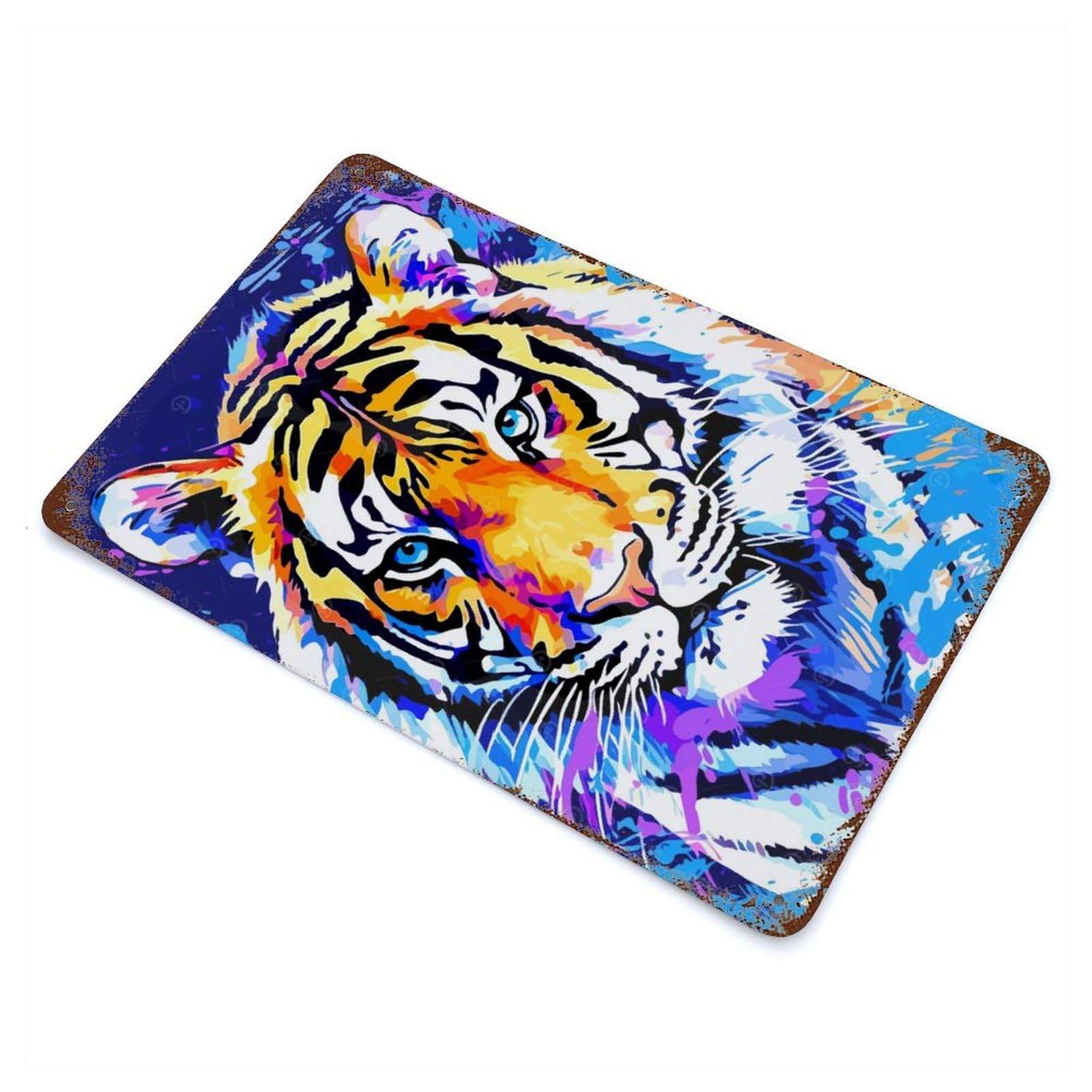 Colorful Tiger Portrait Weathered Tin Sign 11.8"x7.9", for Garage, Bar And Workshop Decor, Vintage Wall Decor