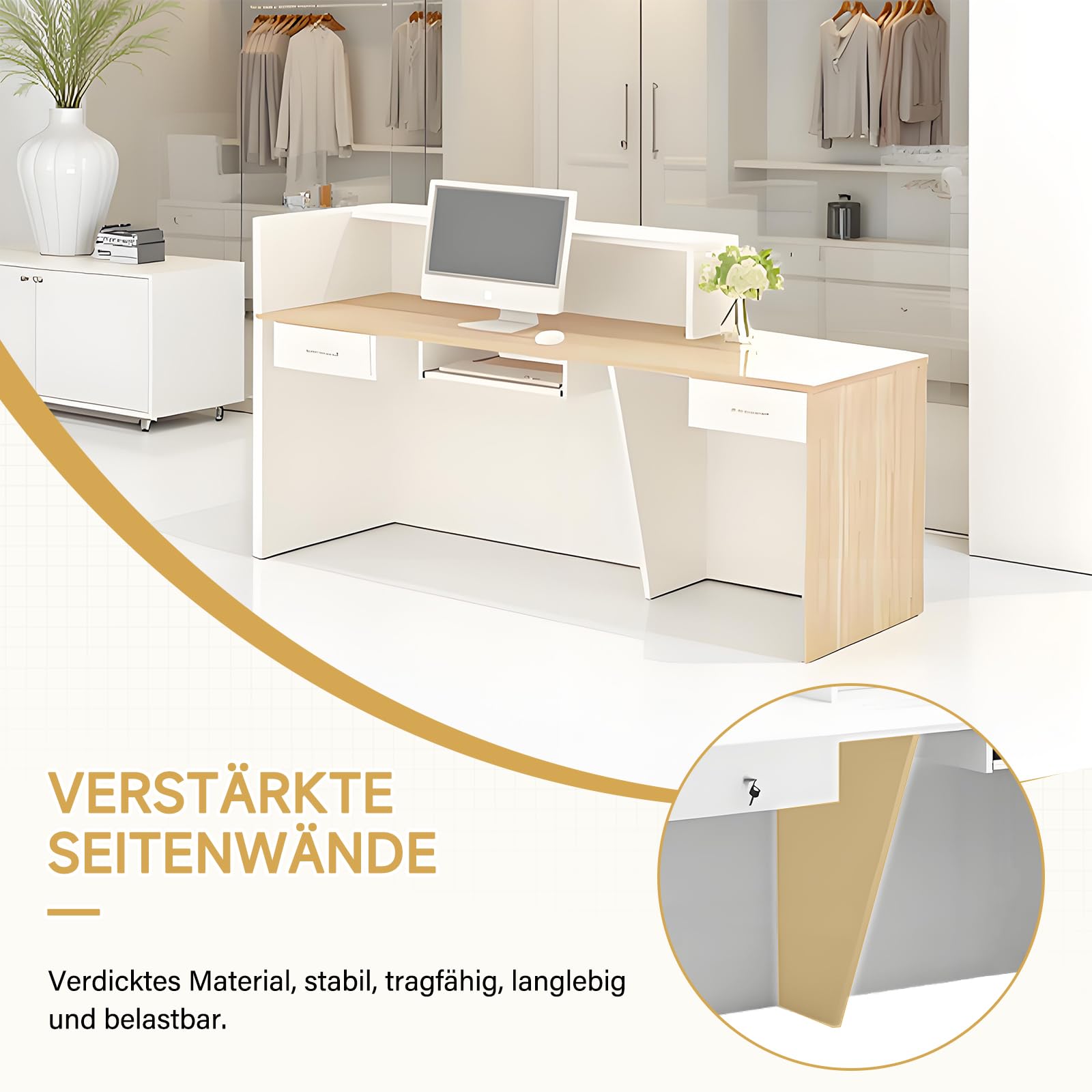 Empfangstheke mit Schublade und offenen Ablagen, Moderne Rezeptionstheke 100–240 cm für Büro, Geschäft, Friseursalon