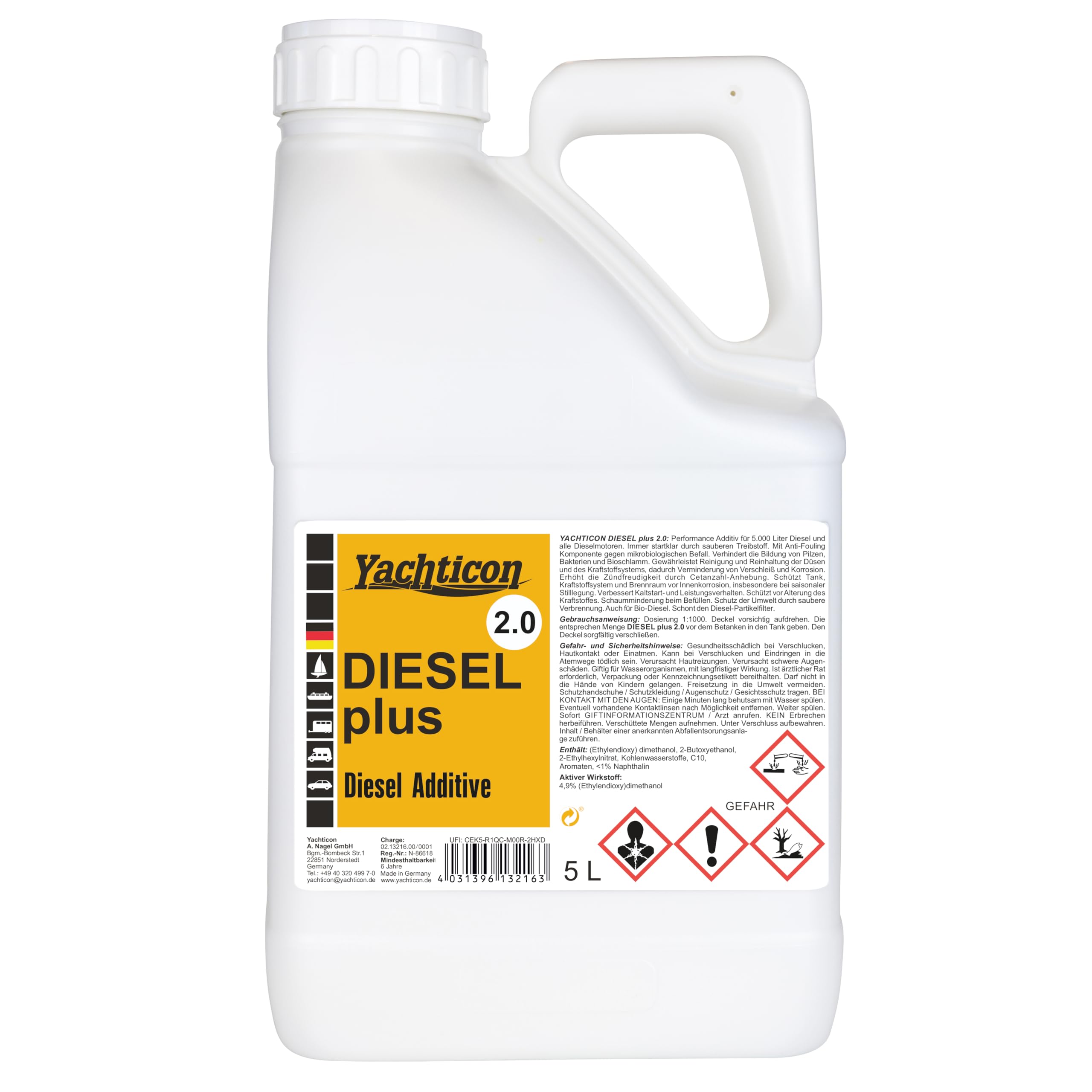 YACHTICON Diesel Plus 2.0 – Hochleistungs-Dieseladditiv für Motoren & Heizungen – schützt vor Dieselpest, reinigt Einspritzsystem & reduziert Verbrauch 5 Liter