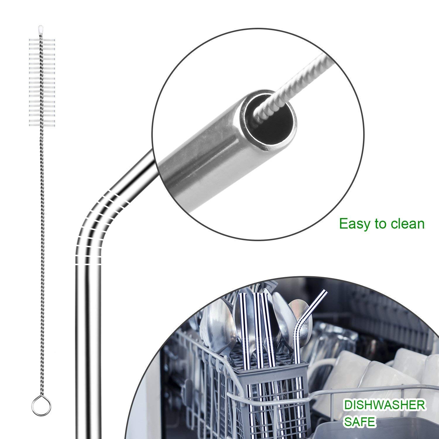 Diniva Reusable Stainless Steel Drinking Straws, Safe & Hygenic (4 Bend, 1 Cleaning Brush)- Silver 2