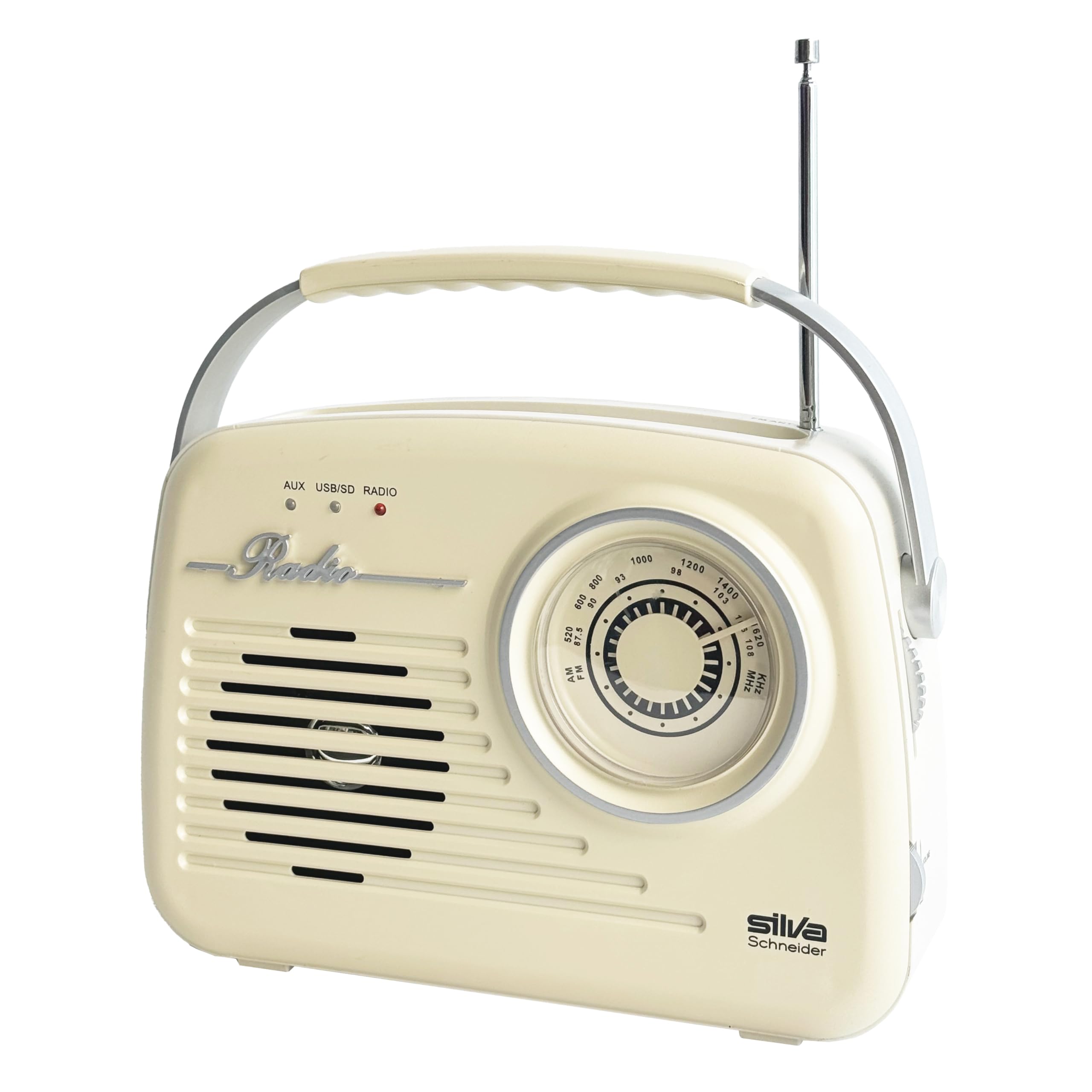 Silva-Schneider Mono 1965 Radio con asa, funciona con pilas o conectándola a la red, color beige