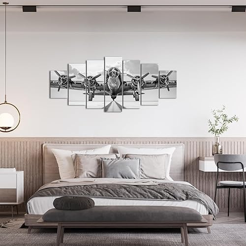 Miniatura 3 de KLVOS Arte de pared grande de avión de 7 piezas, diseño retro de avión, póster vintage en blanco y negro de hélice, póster de aeronave, impresión en