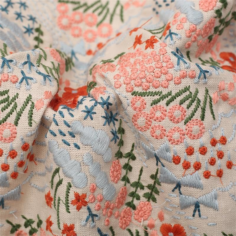 Tissus Couture Tissu brodé de fleurs en coton et lin, tissu à coudre, fabrication robes vêtements(White)