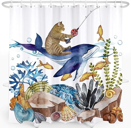 SRINKOC Divertida cortina de ducha con diseño de gato, tiburón, olas del océano, cortinas de baño de tela para decoración de baño, cortina de ducha
