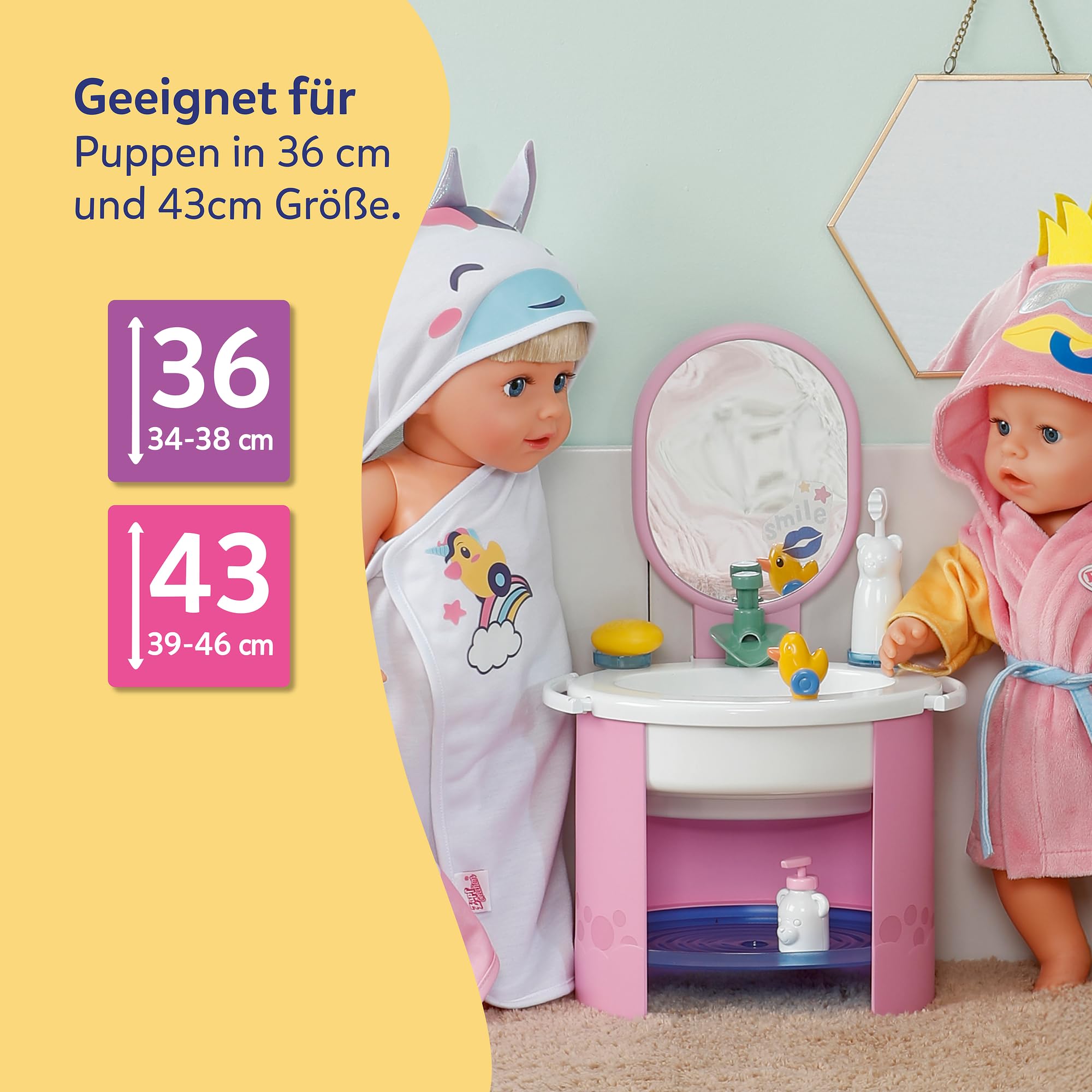 BABY Born Handwaschbecken, Puppenwaschtisch für 36cm und 43cm Puppen inkl. Zahnbürste und Seifenspender, funktioniert mit Wasser, Keine Batterien benötigt