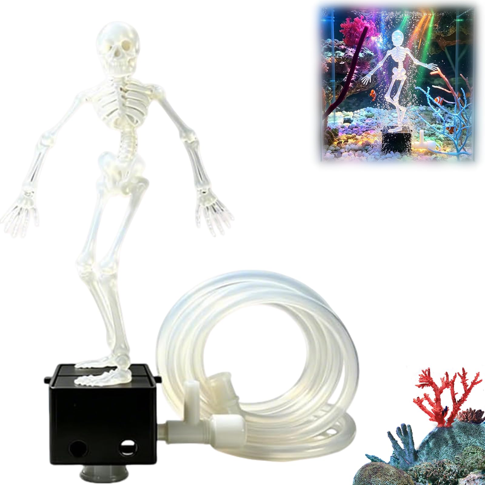 Dancing Skeleton Aquarium Bubbler Decorations, Fish Tank Decor Landscape Skeleton Figurines With Suction Cup, Interactive Fish Tank Decor With 1-Meter Air Hose, Adjustable Bubbles, Funny Gift，1pc