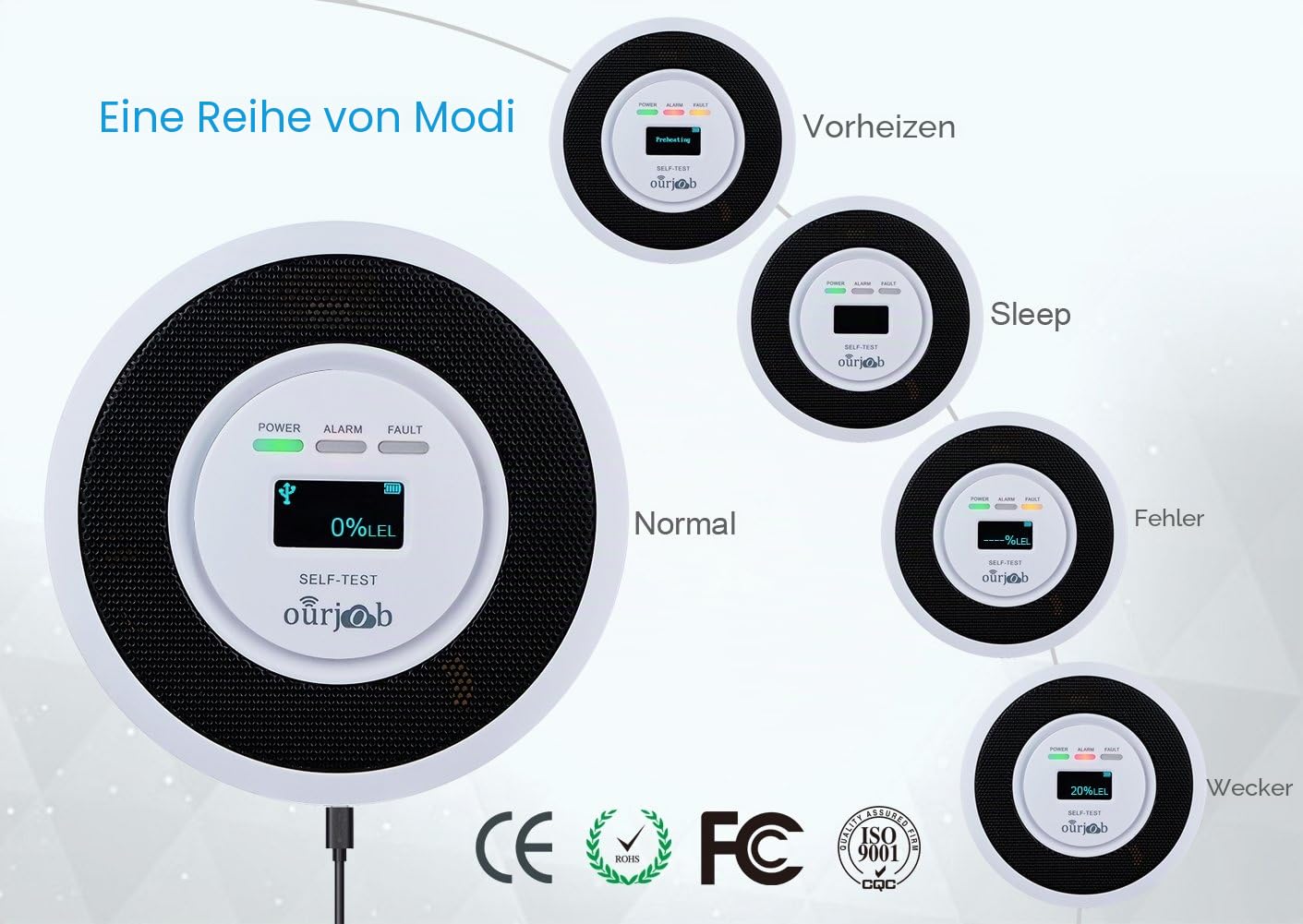 Gasmelder-Ourjob, Haushalts Erdgas Flüssiggas Stadtgas Alarme, Brennbaren Methan Propan Butan Gas Lecksucher Blinklichtalarm, mit USB-Stromversorgung und Digitalanzeige für Wohnwagen (Weiß)
