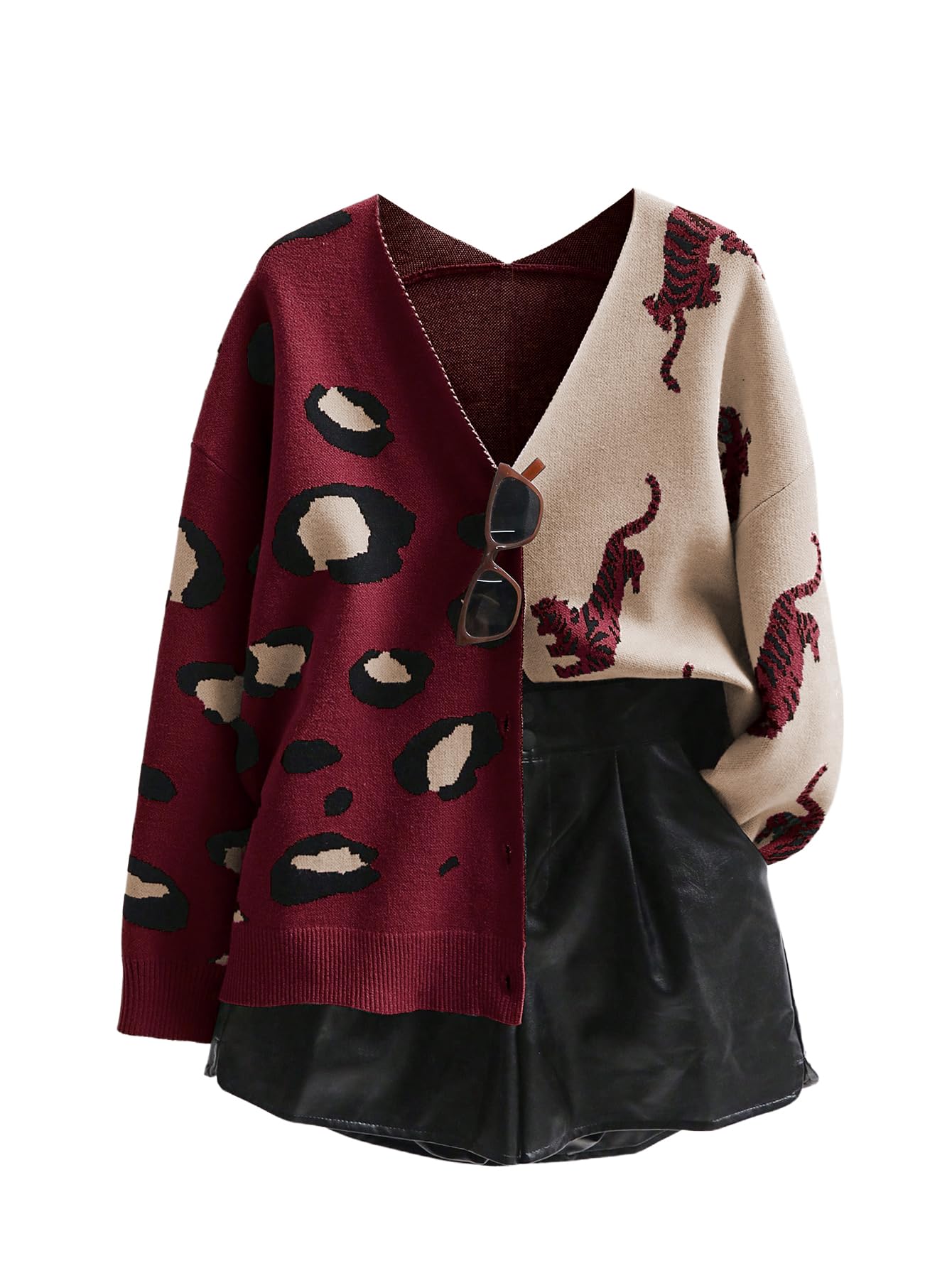 Women's Leopard Print V-Neck Long Sleeve Color Block Button Down Sweater Outwear-image-34